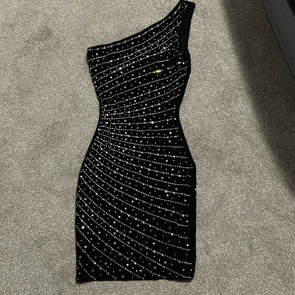 Windsor one shoulder rhinestone black short formal semi formal hoco dress XS
